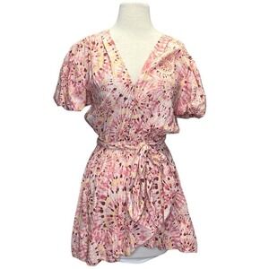 MISA Los Angeles Dress Small  Womens Pink Tie Dye Puff Sleeve Belted Mini Eloise